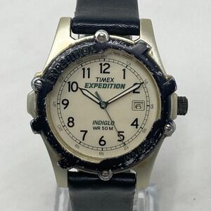 Vtg Timex Expedition Watch Men 38mm Gold Tone Indiglo Date New Battery 9.5" 2003